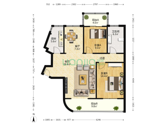 中信花园 2室2厅1卫 121平方