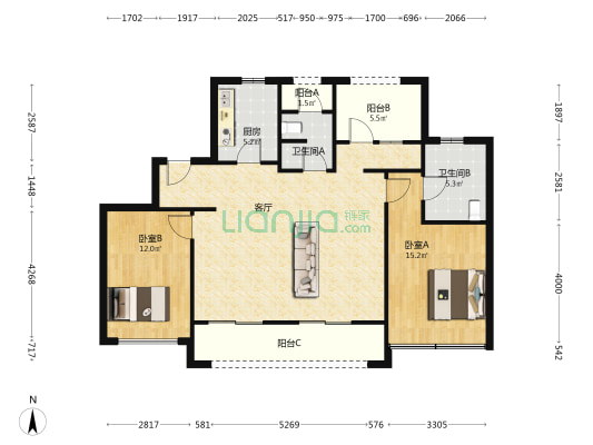 中铁诺德国礼 2室1厅2卫 127平方