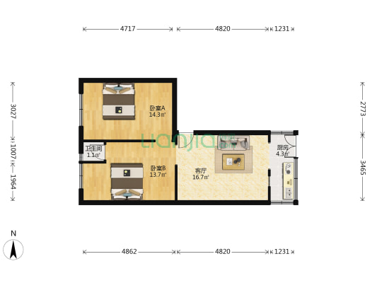 云阳街（大菜市商圈） 2室1厅1卫 68平方