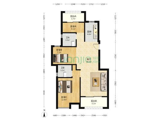 福晟江山府 3室1厅2卫 88平方