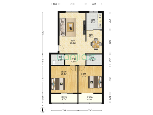 广场小区 2室2厅2卫 102平方