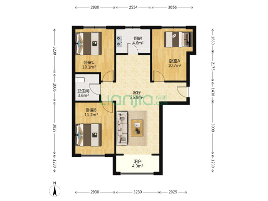 京东狮子城 3室1厅1卫 87平方