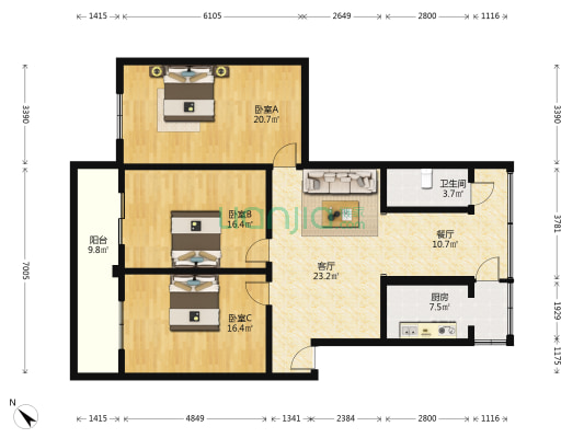 幸福路213号 3室2厅1卫 123平方