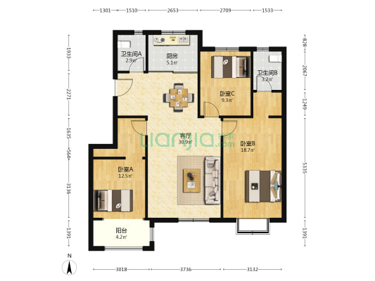 正北名城二期 3室1厅2卫 114平方