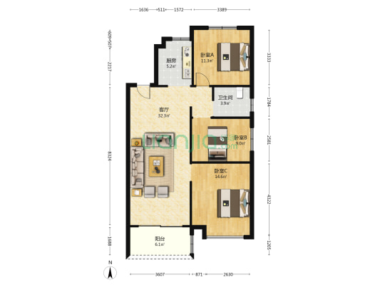 滨尚华庭 3室1厅1卫 110平方