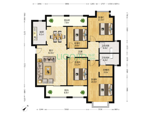 沙湖九号 4室1厅2卫 168平方