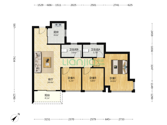 远洋天成 3室1厅2卫 82平方