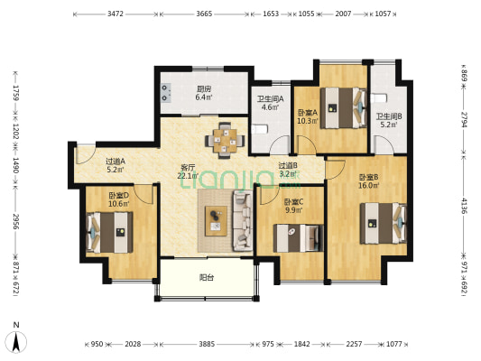 瑰丽天阅苑 4室1厅2卫 128平方