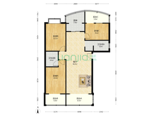 白马庙街2号 3室1厅2卫 121平方
