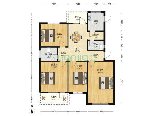 二轻花园 4室1厅2卫 107平方
