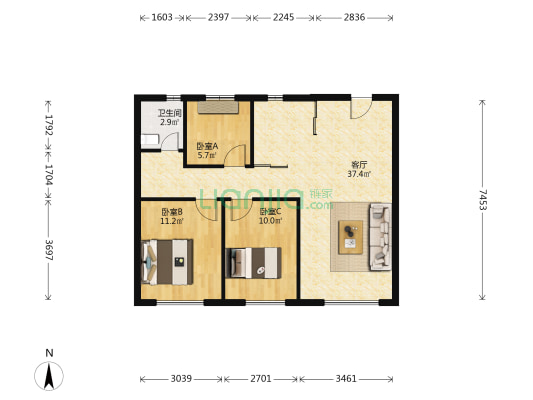 万科北宸之光 3室1厅1卫 96平方