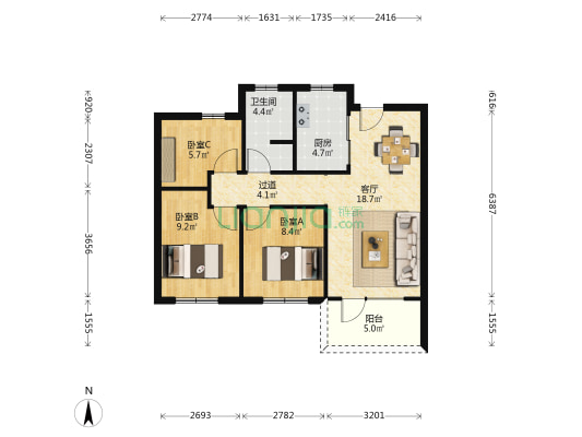 海岸万科城锦棠里 3室1厅1卫 87平方