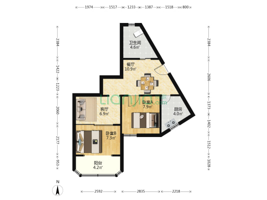 建信大楼 2室2厅1卫 67平方