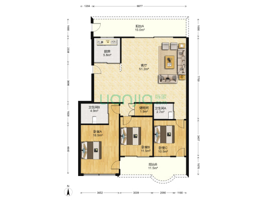 滨江美景园 3室1厅2卫 138平方