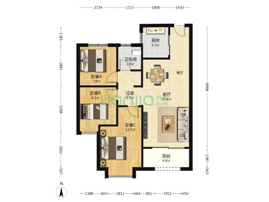 吾樾台 3室1厅1卫 96平方