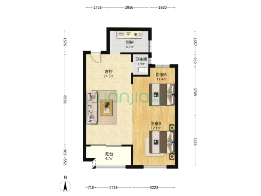 江宸德园 2室1厅1卫 78平方