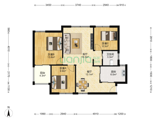 中房公寓 3室2厅1卫 95平方
