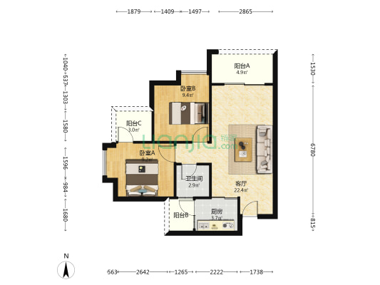 星运绿洲嘉园 2室1厅1卫 69平方