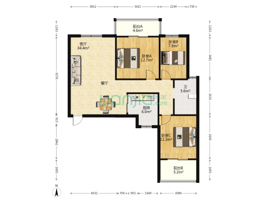 中央城 3室1厅1卫 99平方