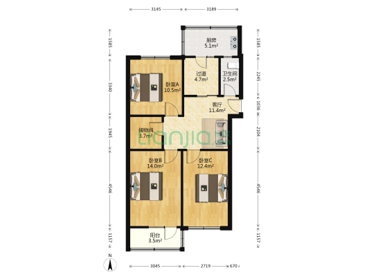 中医医院宿舍 3室1厅1卫 80平方