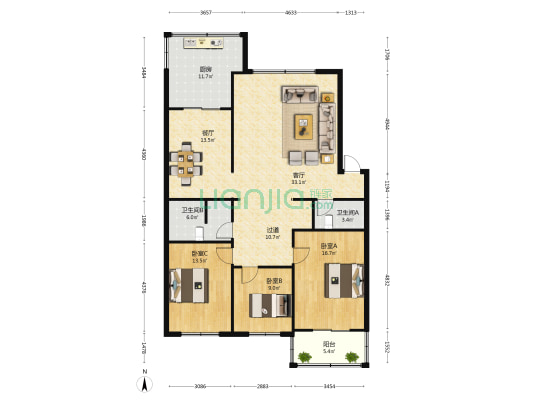 都市田园小区 3室2厅2卫 126平方
