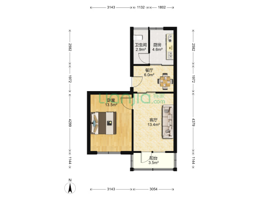 拥警街 1室2厅1卫 58平方