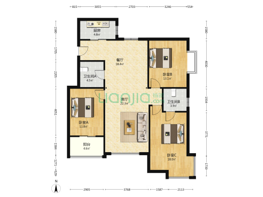 公园一号南北通透双卫三居本满单价总价低配套齐全-户型图
