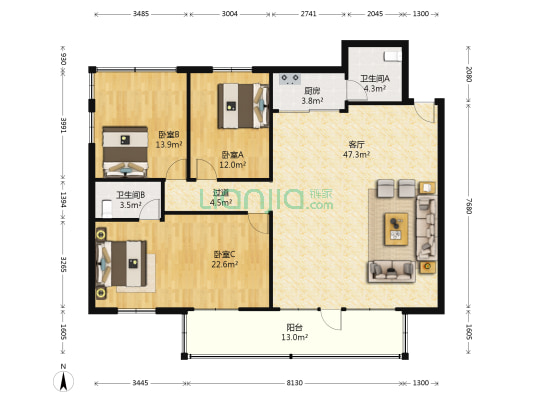 新城16号区 3室1厅2卫 134平方