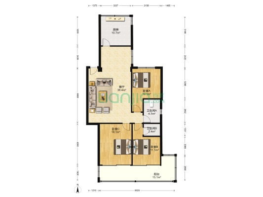 颐园公寓 3室1厅2卫 124平方
