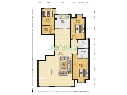 万达中央华城 3室1厅2卫 143平方