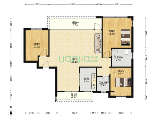 中铁诺德揽湖轩 3室1厅2卫 141平方