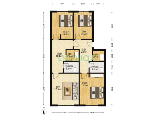 文华小区 3室1厅2卫 92平方