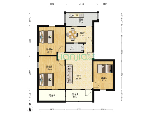 新民后街7号 3室2厅1卫 86平方