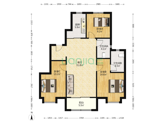 金茂悦东四区 3室1厅2卫 129平方