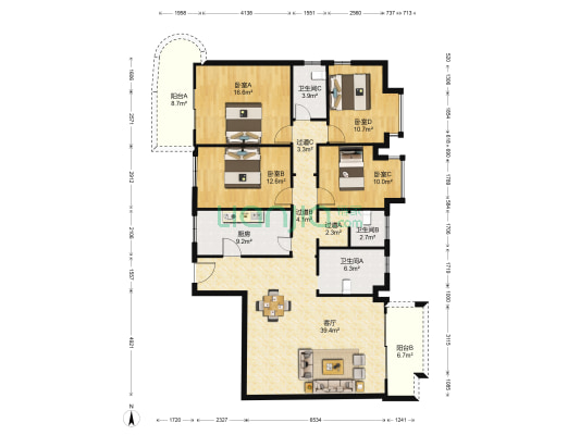 广龙大厦 4室1厅3卫 166平方