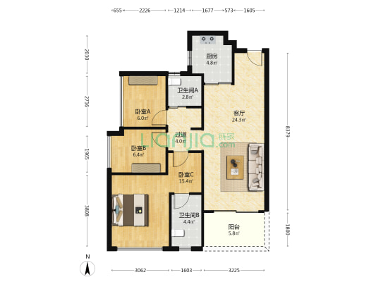 电建洺悦鹏著花园 3室1厅2卫 88平方