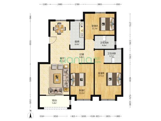 望景名府 3室1厅2卫 117平方
