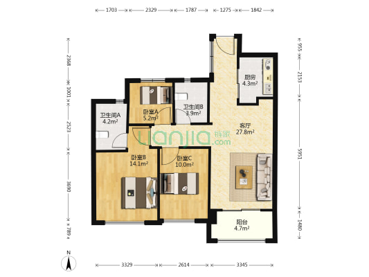 德信湖滨1号一期 3室1厅2卫 88平方