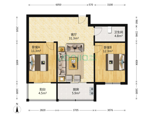 一品南山 2室1厅1卫 96平方