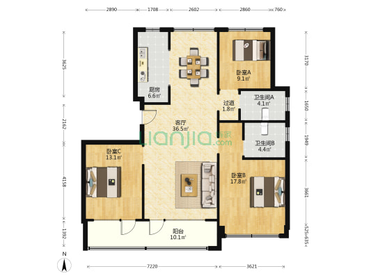 绿城·留香园 3室1厅2卫 131平方