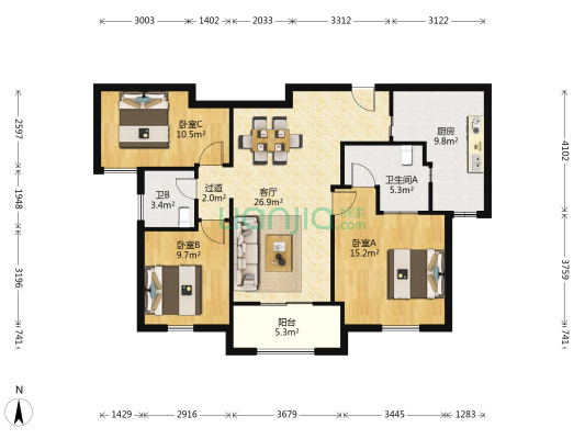 东港滨河花苑 3室1厅2卫 152平方