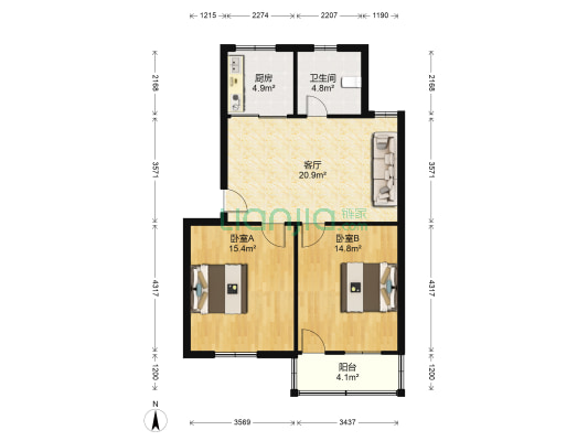 北二环中路377号 2室1厅1卫 76平方