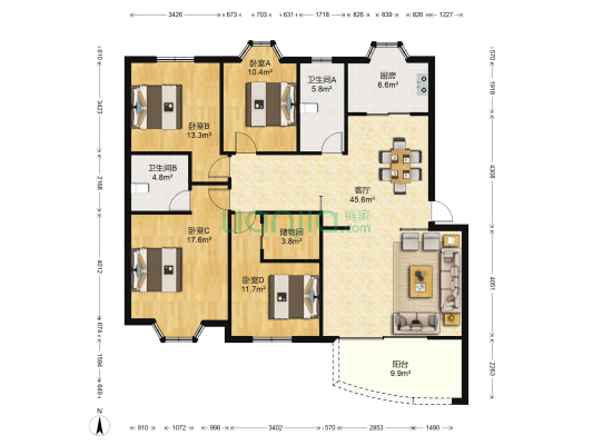 胡姬花园 4室1厅2卫 142平方