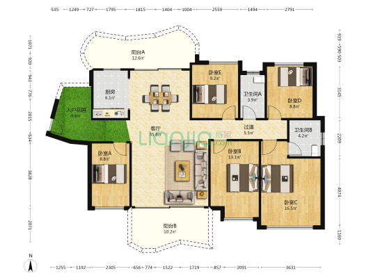 丽江东岸 5室1厅2卫 159平方