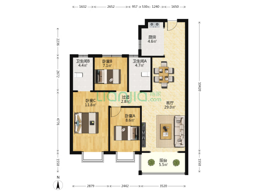 京江金翠 3室1厅2卫 105平方