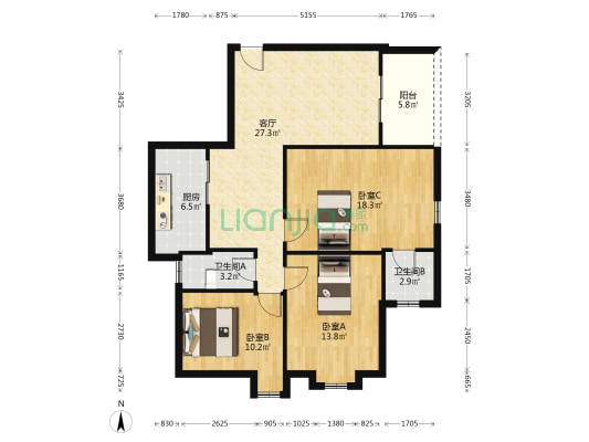 文星花园 3室1厅2卫 103平方