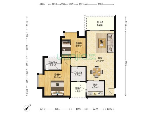 雅悦花园 2室1厅2卫 83平方