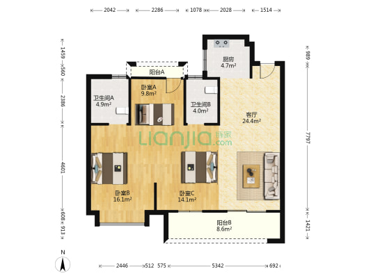 中梁九合名邸 3室1厅2卫 107平方