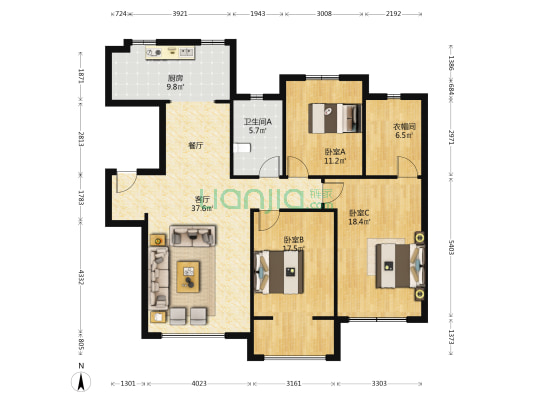 力旺弗朗明歌珺临 3室1厅1卫 139平方