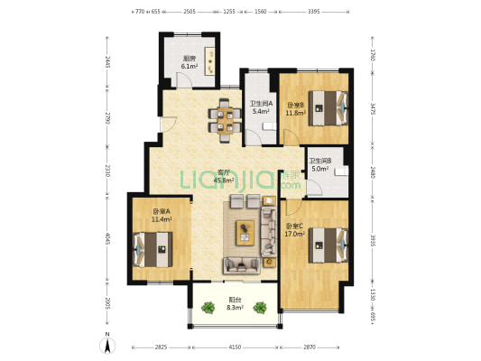 左邻右舍 3室1厅2卫 131平方